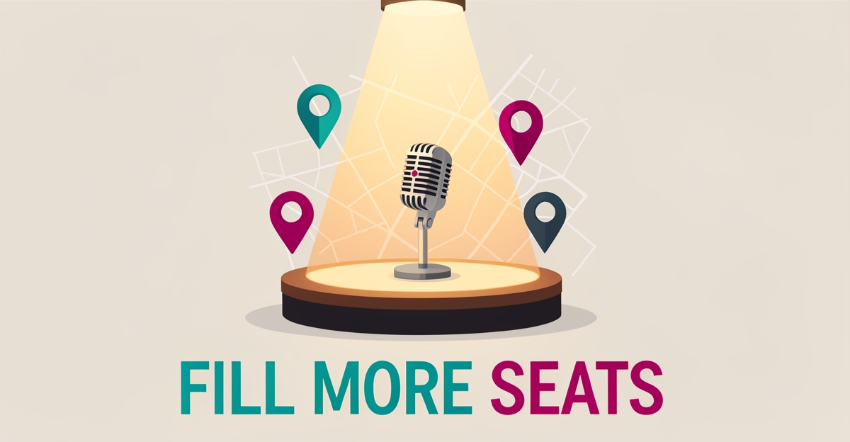 Flat illustration of a spotlighted stage microphone with map pins symbolizing local SEO for comedy clubs, titled Fill More Seats.