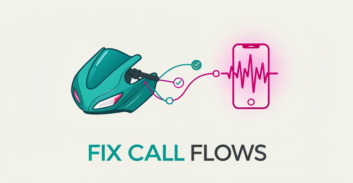Flat illustration of a motorcycle fairing repair linked to an AI voice call flow, with the headline Fix Call Flows.