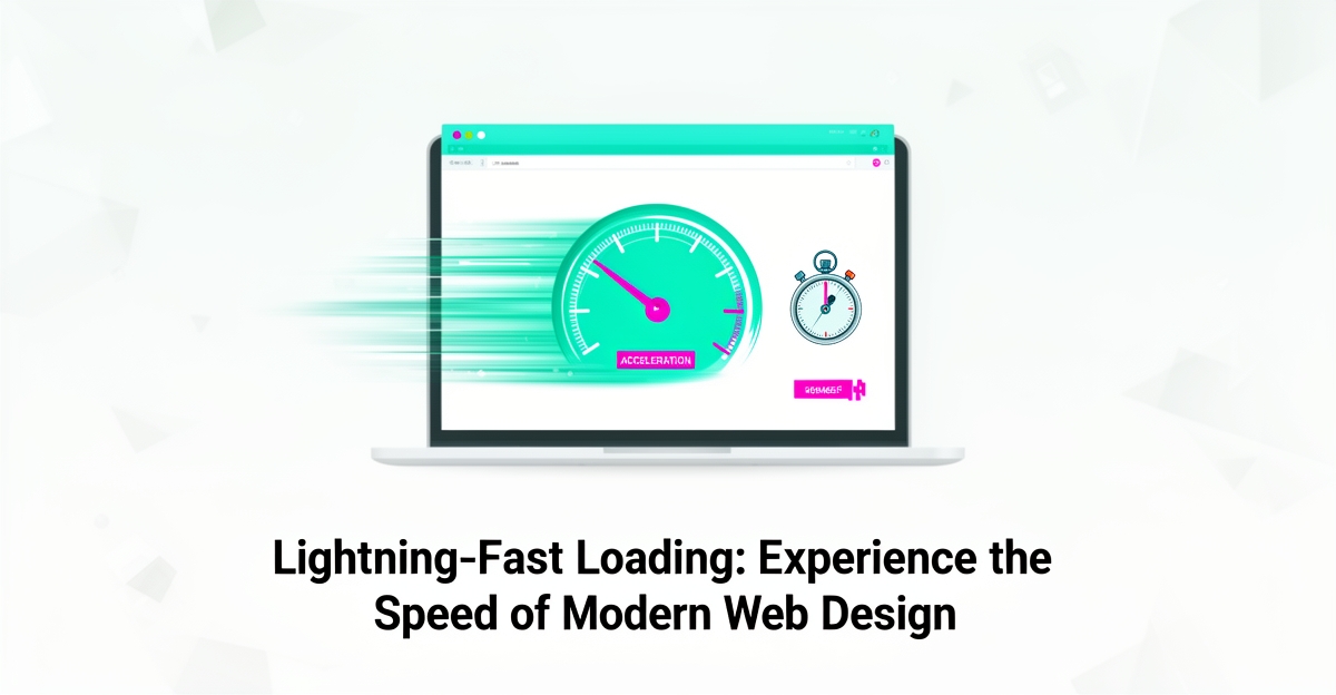 Flat illustration of a laptop with a speedometer gauge symbolizing fast web page loading, accented in teal and magenta.