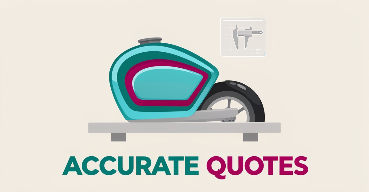 Flat illustration of a motorcycle fuel tank with layered custom paint in teal and magenta, symbolizing accurate online paint job quotes.