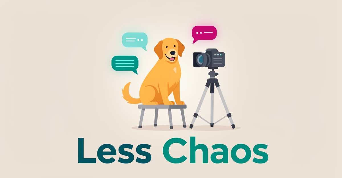 Flat illustration of a dog in a photo studio with AI chat bubbles in teal and magenta, headlined Less Chaos.