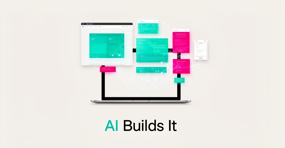 Flat illustration of AI assembling website modules above a laptop in teal and magenta, with headline AI Builds It.