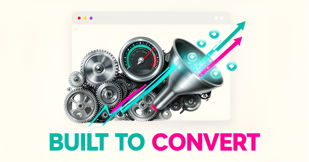 Flat illustration of a website as a high-performing machine with speed gauge, lead funnel, and rising revenue chart in teal and magenta.