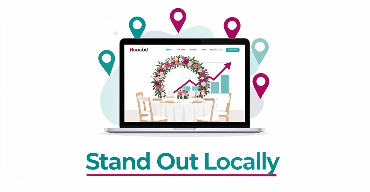 Flat illustration of a laptop showing an event decor website with map pins and a rising ranking graph, headline reading Stand Out Locally.