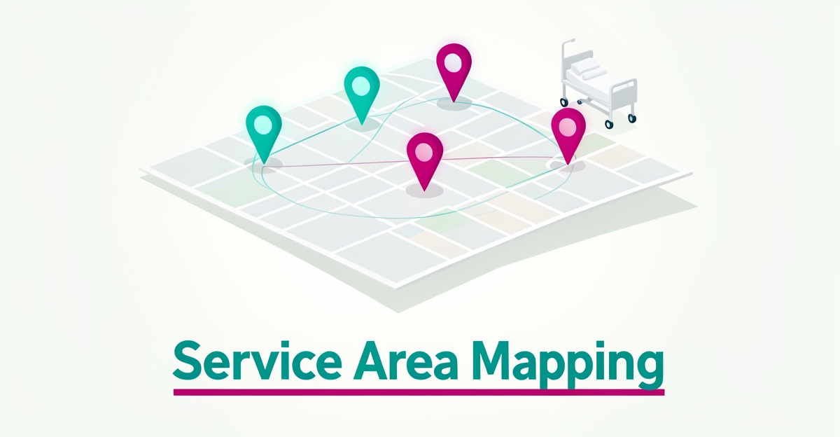 Flat illustration of a city map with teal and magenta location pins marking a medical equipment rental service area.