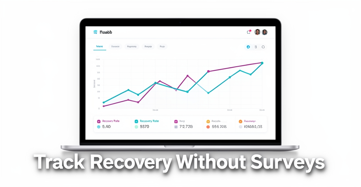A minimalist flat illustration of a laptop showing recovery analytics dashboard with upward trends, using brand colors, with a headline overlay about measuring recovery success without client surveys.