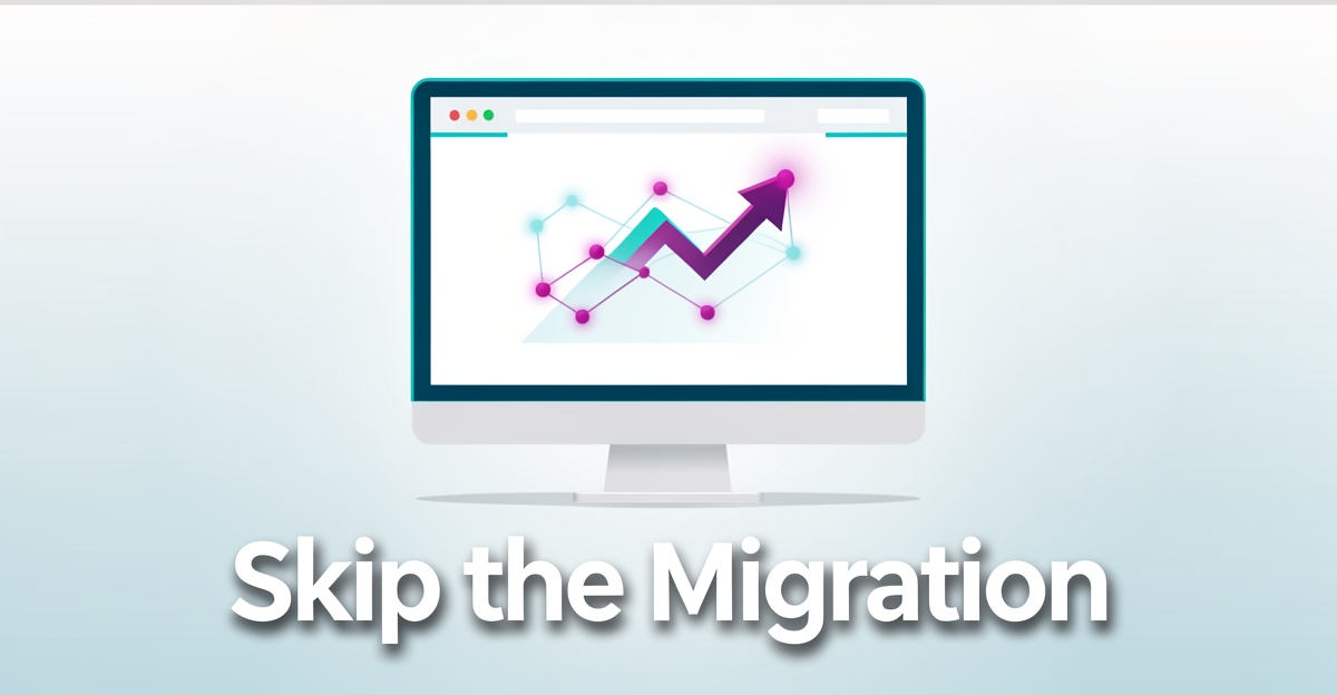 A minimalist flat illustration of a computer screen with AI-powered website growth visuals, featuring brand colors and the headline 'Skip the Migration' in the lower third.