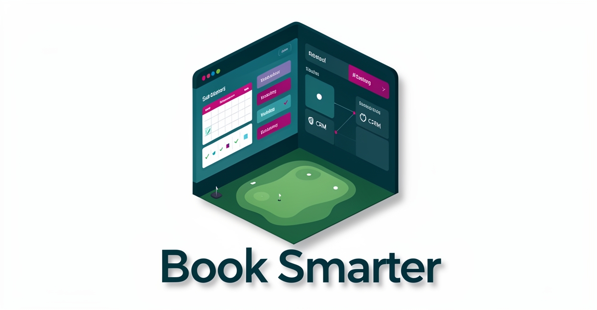Flat illustration of a golf simulator venue management platform with booking calendar and CRM dashboard in teal and magenta brand colors.