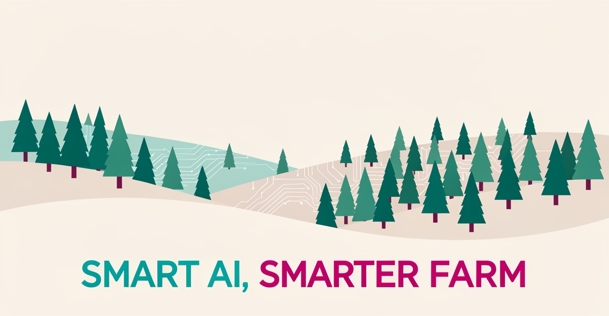 Flat illustration of a tree farm with digital circuit motifs in teal and magenta, symbolizing AI tailored to tree farming.