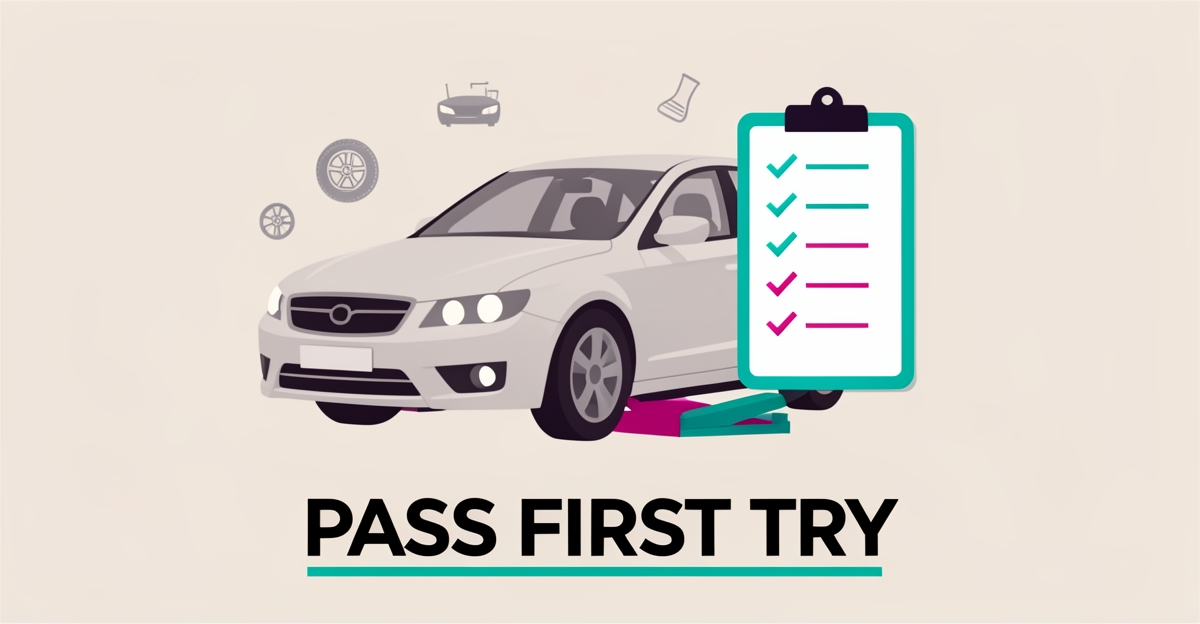 Flat illustration of a car on a lift beside a digital inspection checklist with teal and magenta accents.