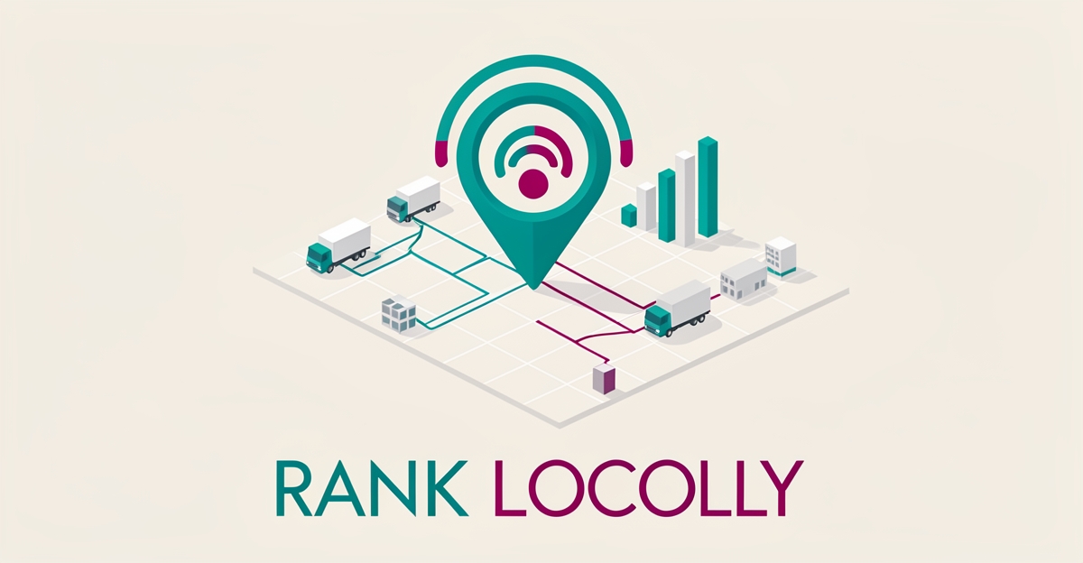 Flat illustration of a map pin with signal waves over a city grid with dispatch routes and analytics bars in teal and magenta accents.
