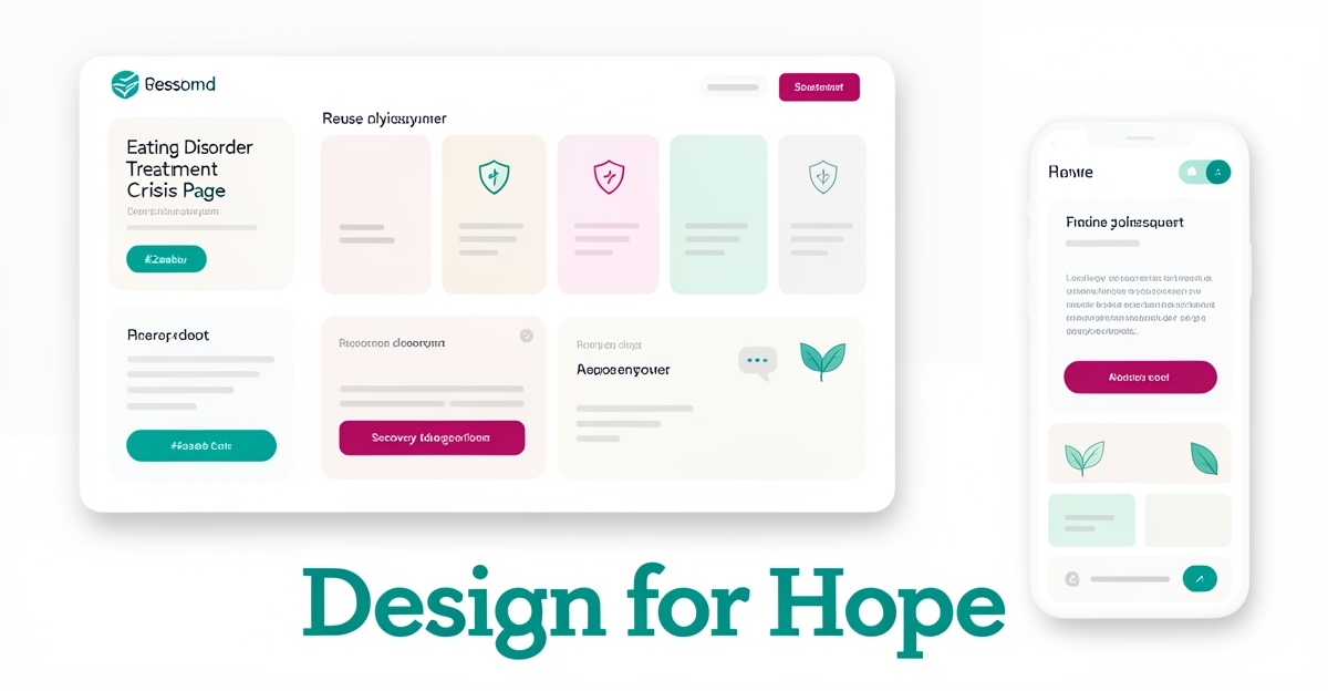 Flat illustration of a modular crisis resource webpage wireframe with teal and magenta accents, showing calm, hope-driven design for eating disorder treatment.