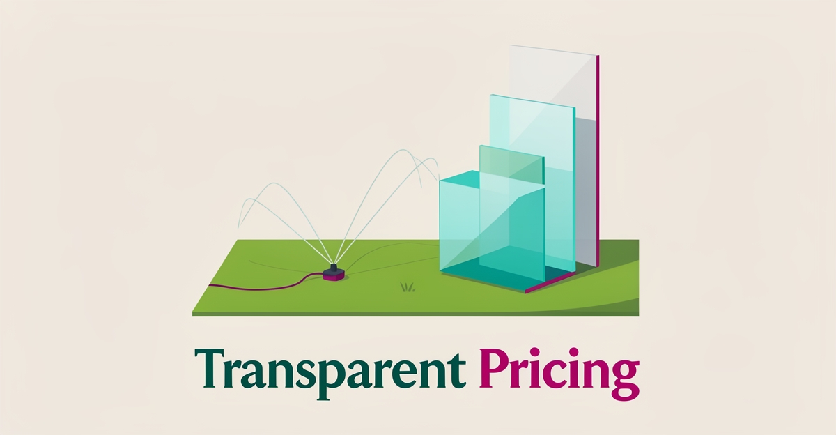 Flat illustration of a lawn sprinkler system beside abstract tiered pricing panels in teal and magenta with a transparent pricing headline.