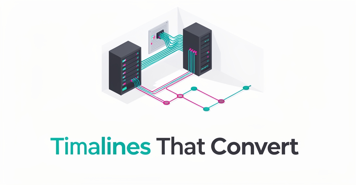 Flat illustration of network cabling with a timeline graphic, accented in teal and magenta, with headline Timelines That Convert.