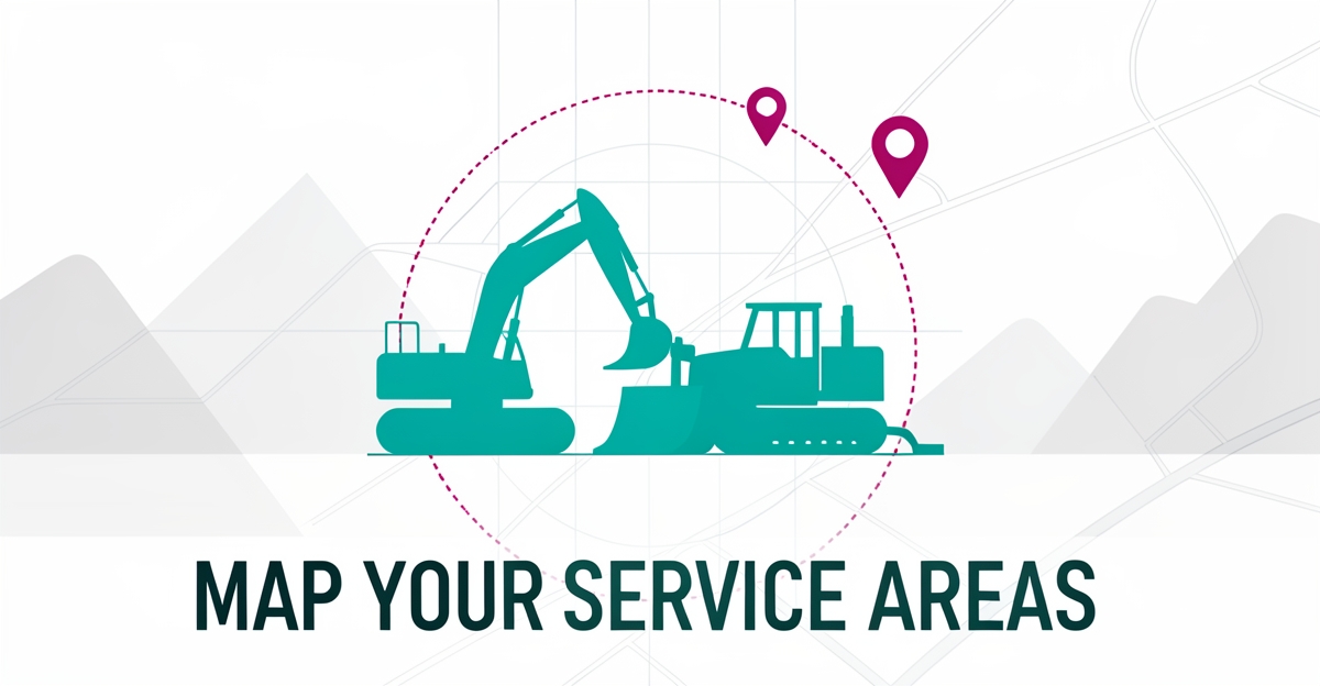 Flat illustration of heavy equipment over a stylized map with service-area pins and radius zones in teal and magenta.