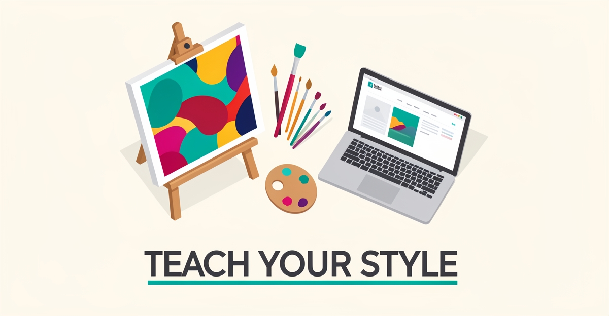 Flat illustration of an art studio easel, paints, and laptop showing a website, symbolizing showcasing teaching style online.