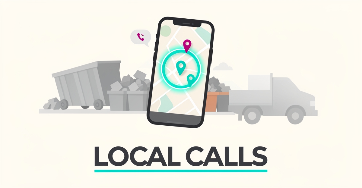 Flat illustration of a smartphone showing a local service-area map with pins and a debris removal truck, accented in teal and magenta.