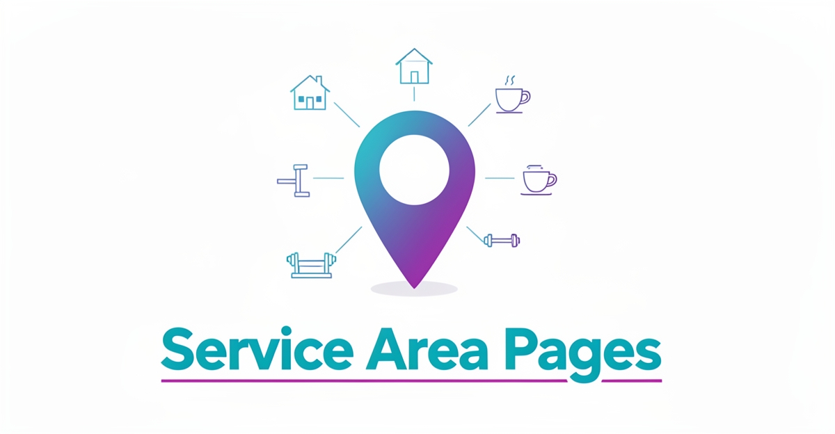 Modern flat illustration of a map pin with neighborhood icons and a Google Maps marker, overlaid with the headline 'Service Area Pages' in brand colors, representing local SEO for CrossFit gyms.