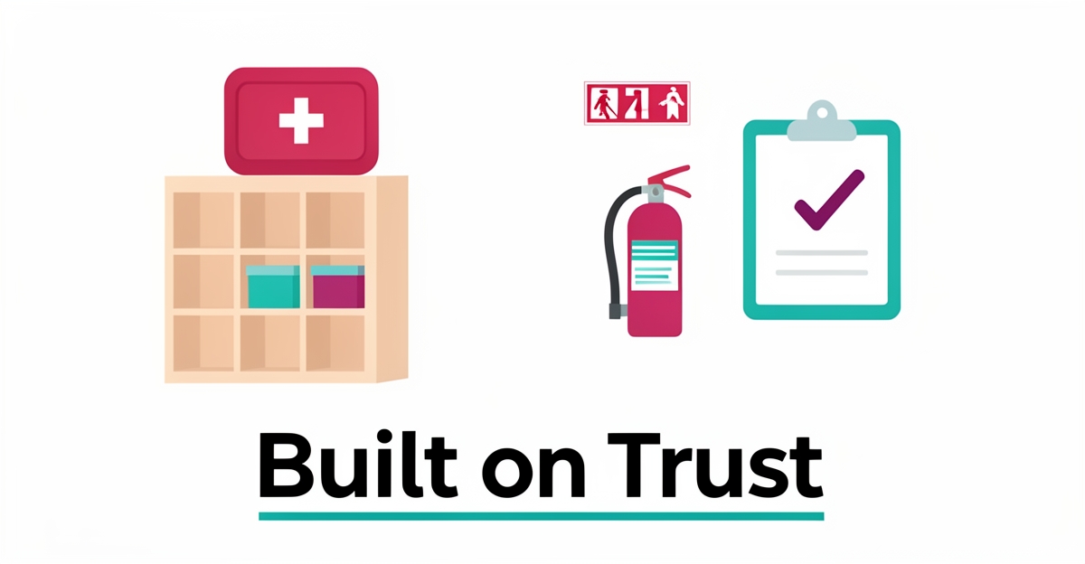 Flat illustration of a daycare interior with safety features like a first-aid kit, emergency exit, and background-check clipboard, headlined Built on Trust.