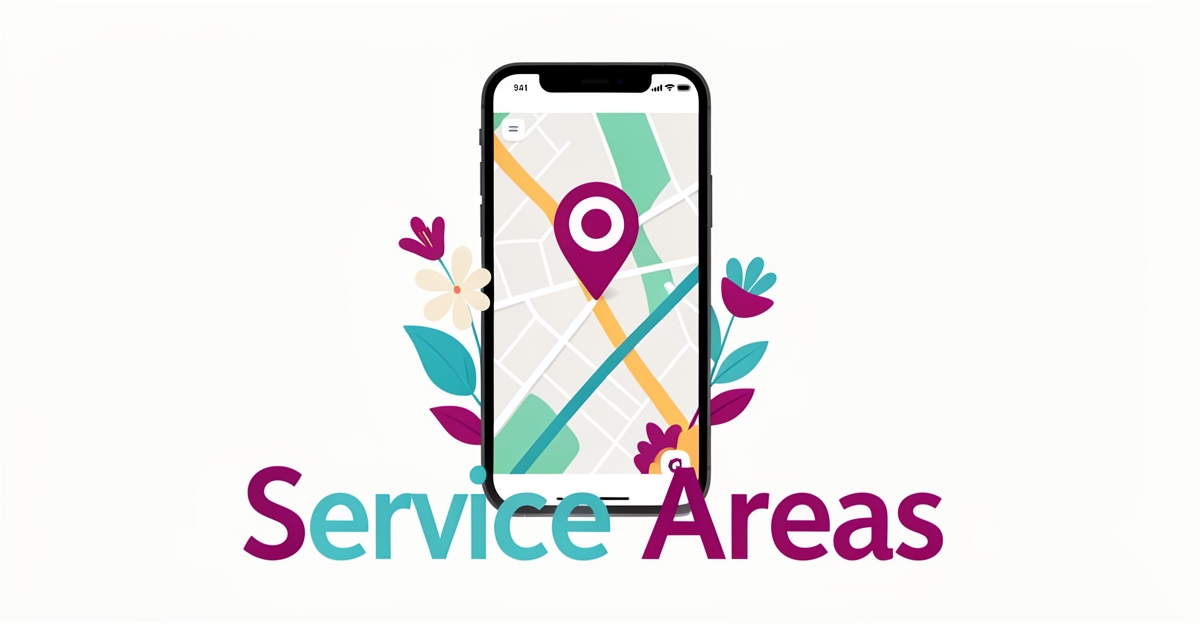 A smartphone displaying an interactive map with floral elements and a location pin, highlighting service areas for event florists.