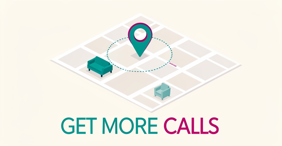 Flat illustration of a city map with a service radius pin and furniture silhouettes, headline reading Get More Calls.