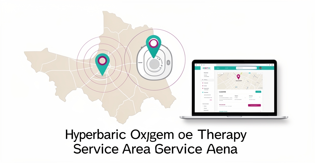 Flat illustration of a map with service radius and HBOT chamber icon for website location pages.