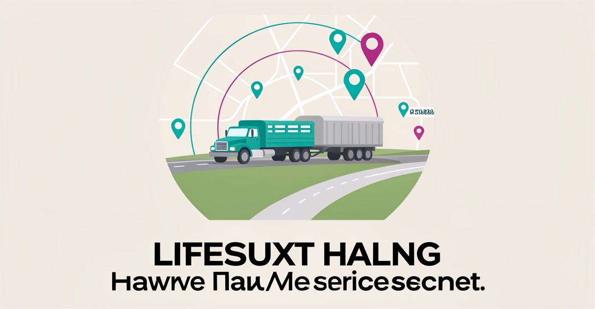 Flat illustration of a livestock hauling truck on a rural road beside a service area map with teal and magenta location pins, headlined Own Your Area.