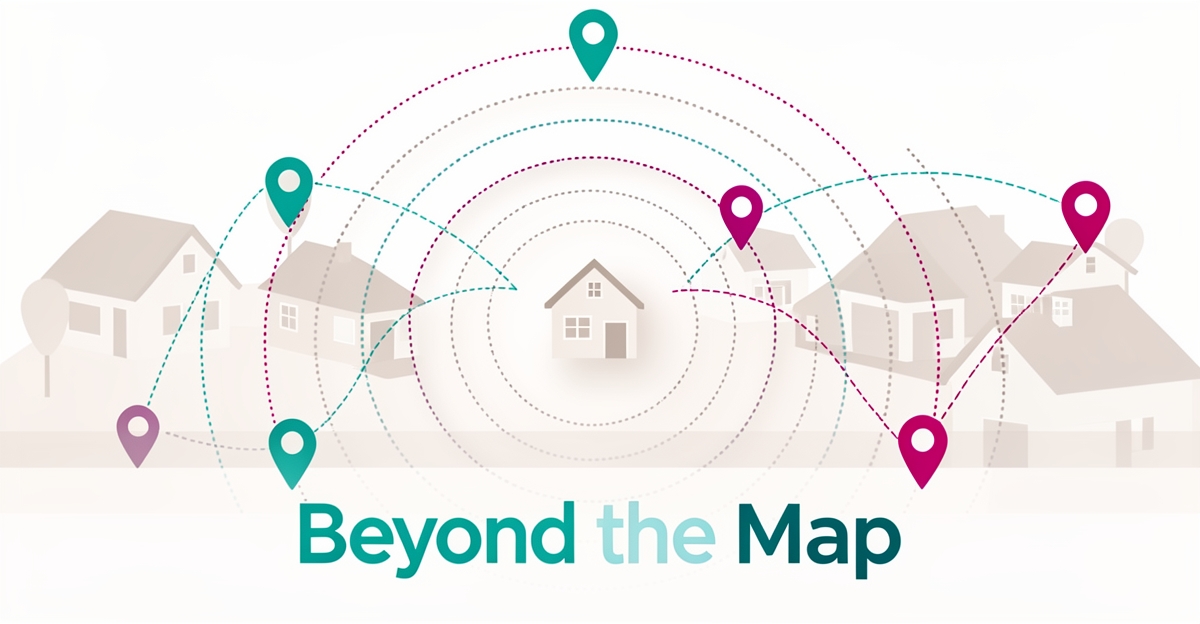 Flat illustration of a service network radiating outward from a building with teal and magenta accent arcs and location pins, headlined Beyond the Map.