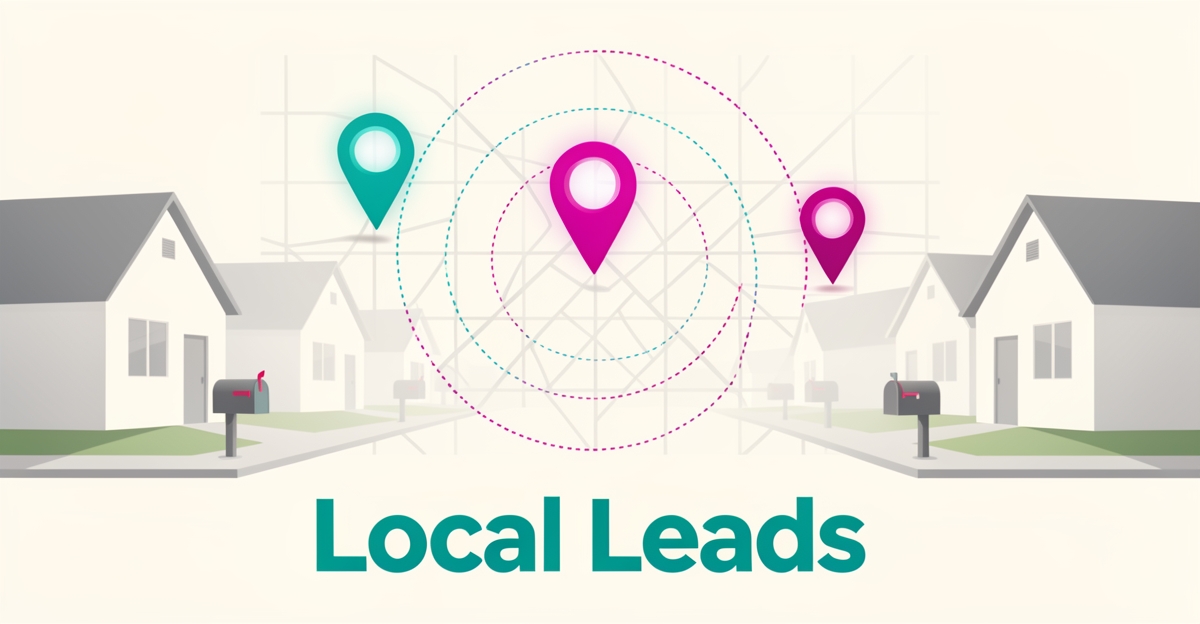 Flat illustration of a suburban street with mailboxes overlaid by a map grid and location pins showing a local service area in teal and magenta.