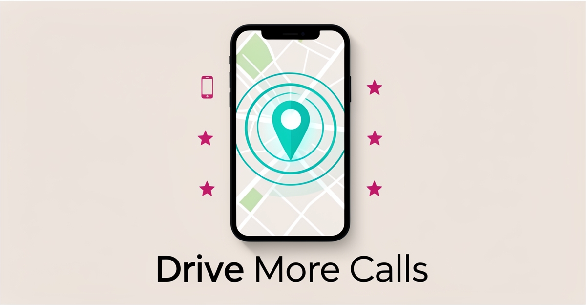Flat illustration of a smartphone map with a glowing location pin and service area circles, accented in teal and magenta, headline Drive More Calls.