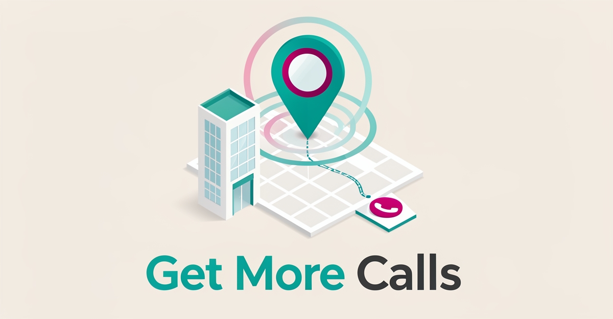Flat illustration of a medical office building on a stylized map with a location pin, coverage circles, and a call icon in teal and magenta.