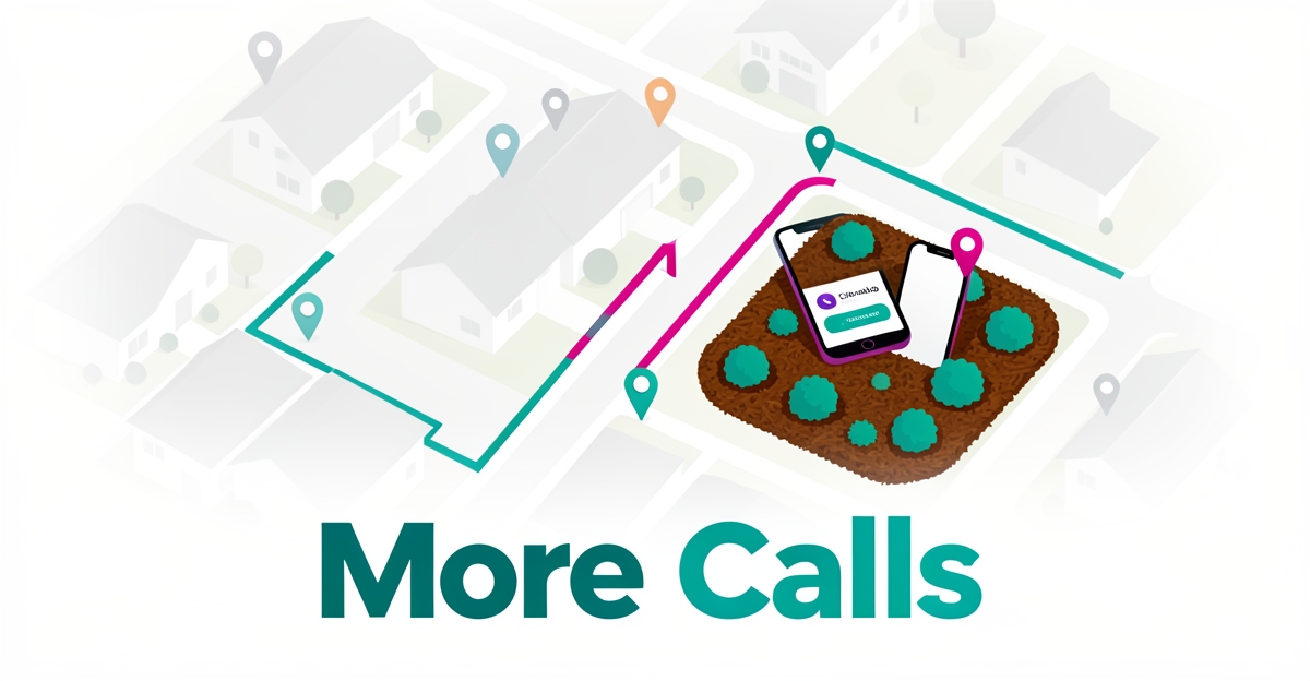 Flat illustration of a mulching service area map with location pins, a smartphone click-to-call button, and a freshly mulched garden bed.