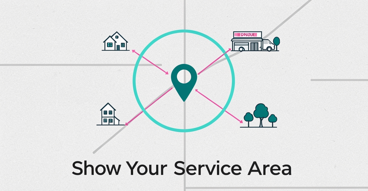 Flat illustration of a paving service area map with radius marker and local landmark icons in brand colors.