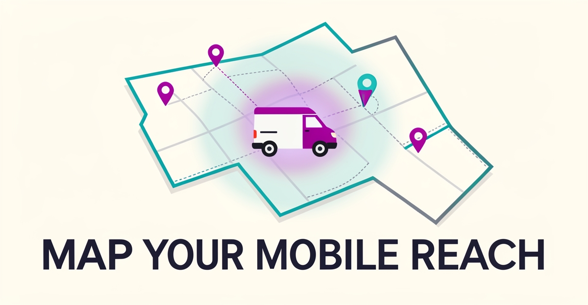 A clean flat-style map illustration showing mobile PDR service zones around a van, with brand-colored accents highlighting reach and key locations like dealerships and hail routes