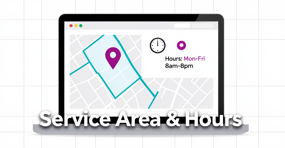 A minimalist website mockup showing a service area map and business hours on a laptop screen, with brand-colored accents and a headline overlay.