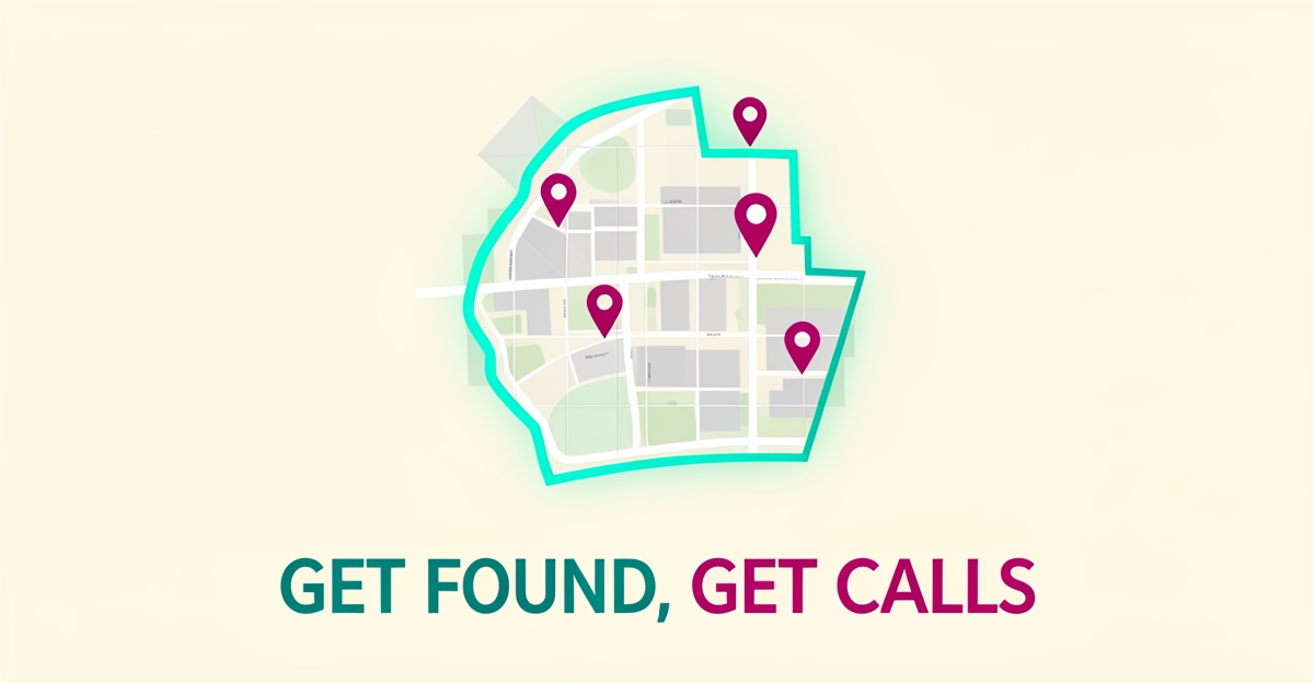 Flat illustration of a lawn care service area map with location pins and seasonal timing calendar, accented in teal and magenta.
