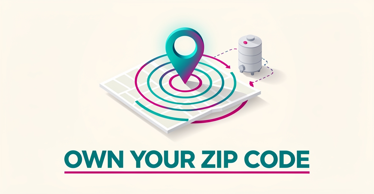 Flat illustration of a map pin with service zone circles and a water heater icon, headline reading Own Your Zip Code.