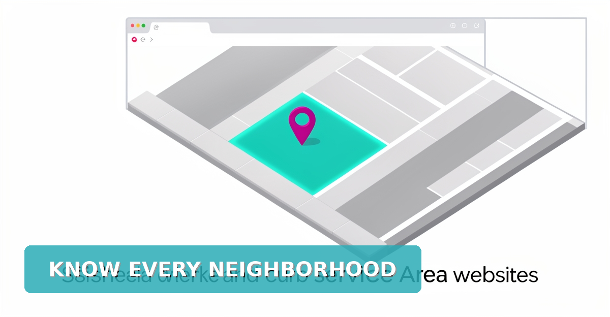 Flat illustration of a neighborhood sidewalk map with a teal service zone highlight and a magenta location pin, styled as a website service area page.