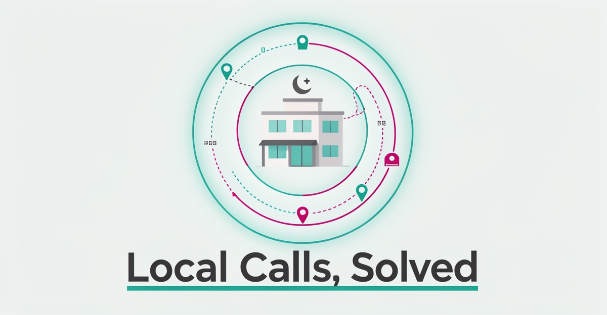 Flat illustration of a sleep clinic with glowing service area map rings and location pins in teal and magenta, headline reading Local Calls, Solved.