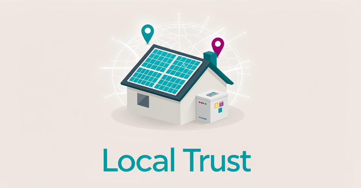 Flat illustration of a solar-paneled home with battery and map pins showing a local service area, headlined Local Trust.