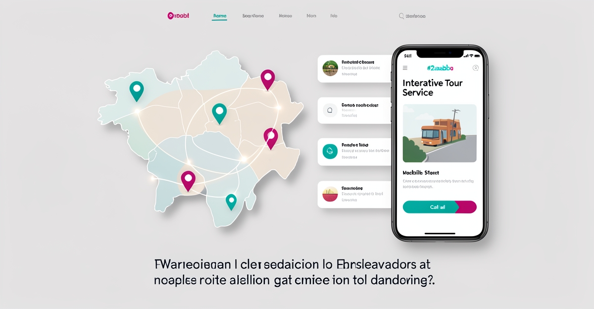 Flat illustration of an interactive tour service map with mobile CTA and localized content cards using teal and magenta accents.