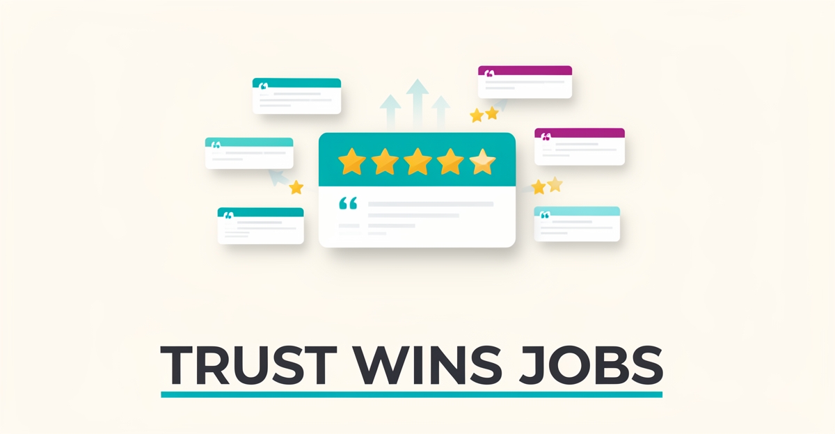 Flat illustration of a contractor website with five-star testimonial cards and rising ratings in teal and magenta, headlined Trust Wins Jobs.