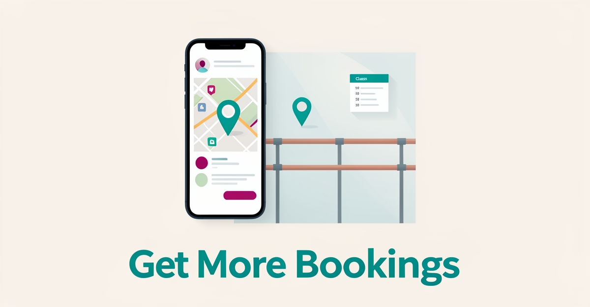 Flat illustration of a smartphone with a local search map beside a barre studio interior, headline reading Get More Bookings.