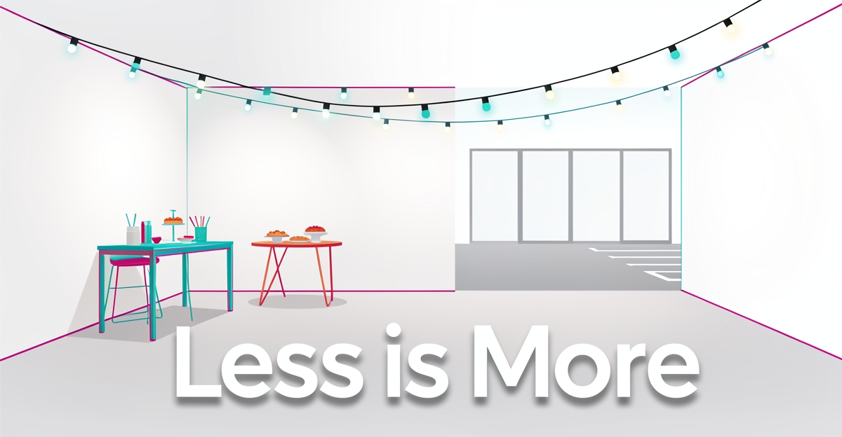 A minimalist flat illustration of a tidy party space with soft lighting and clear sightlines, featuring the headline 'Less is More' in the lower third as a professional visual accent for a business blog on showcasing venues without photo overload.