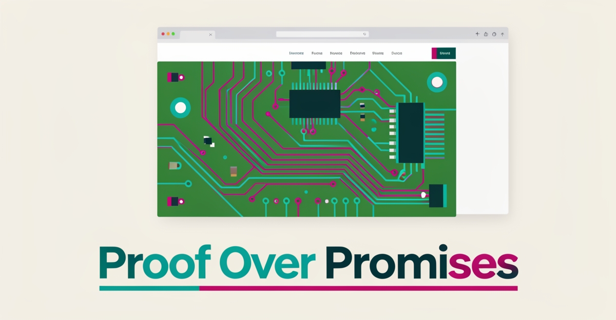 Flat illustration of a detailed PCB circuit board with teal and magenta traces inside a website frame, headline reading Proof Over Promises.