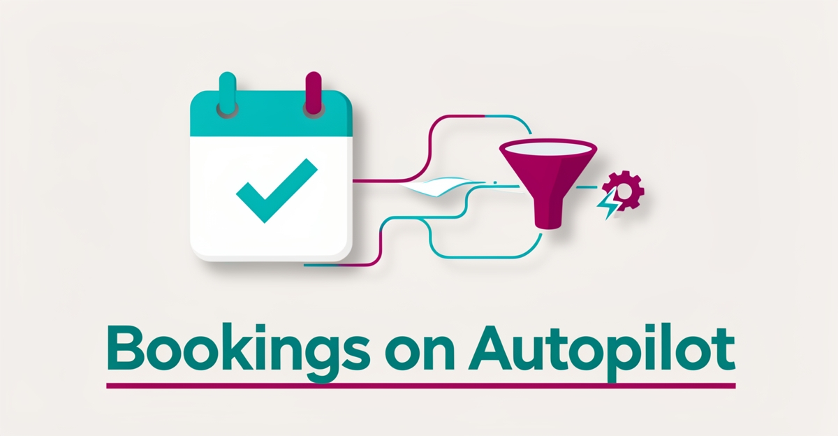 Flat illustration of automated band booking workflow with calendar, envelope, and gear icons in teal and magenta, headline reading Bookings on Autopilot.