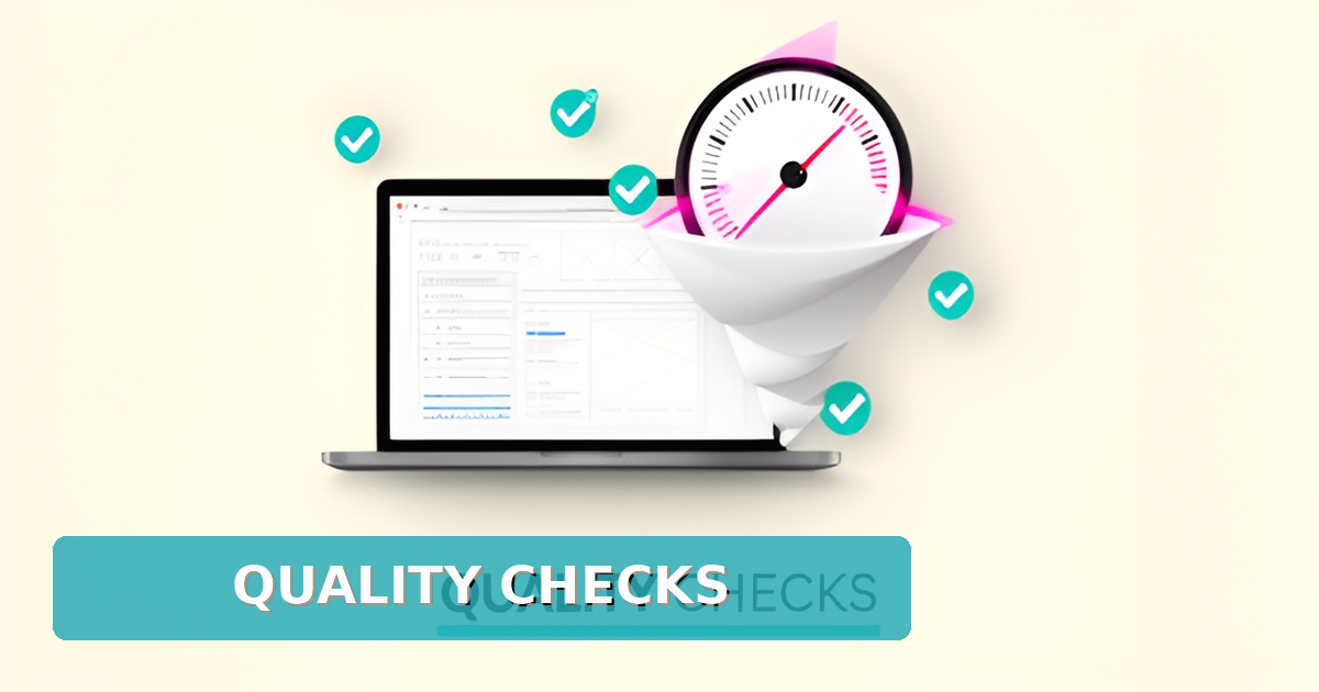 Flat illustration of a laptop with a website wireframe, speed gauge, and conversion funnel accented in teal and magenta.