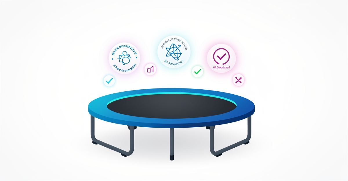 A minimalist flat illustration of a trampoline with glowing AI-driven trust signals and safety certifications, using brand colors to highlight transparency and conversion potential.
