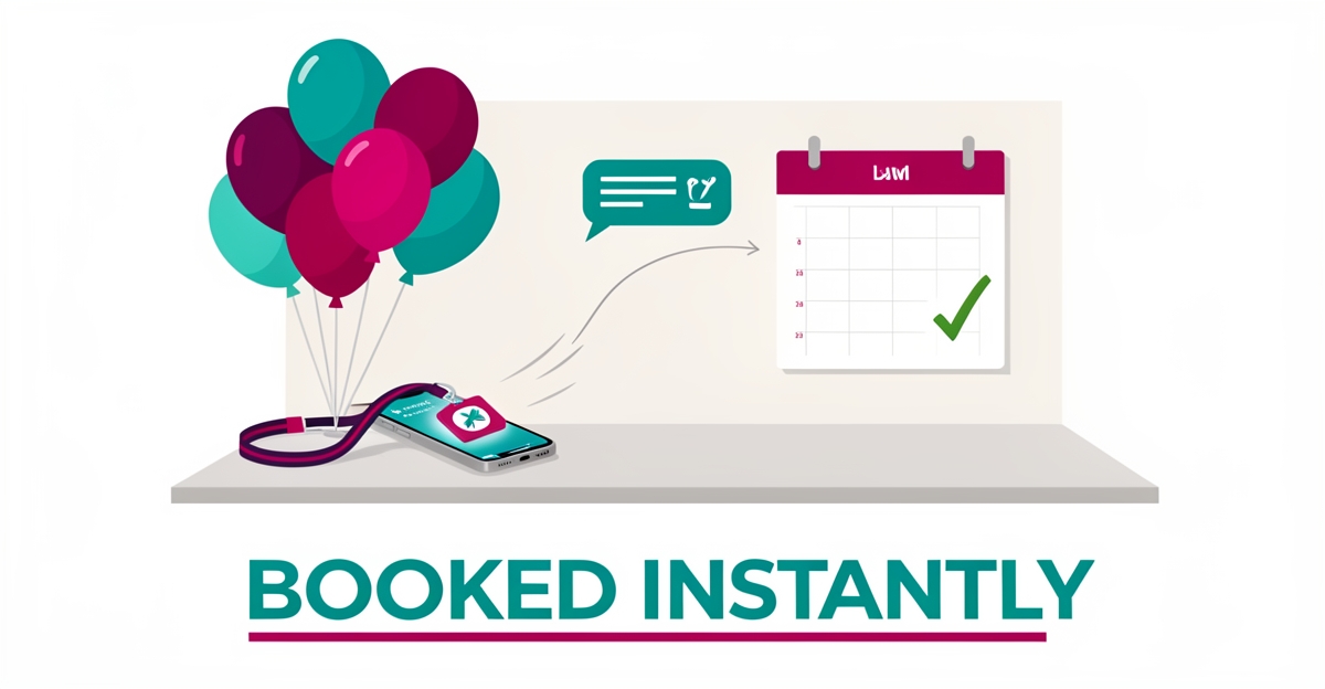 Flat illustration of a smartphone with instant chat notification beside party balloons and a corporate badge, with a calendar checkmark symbolizing fast event bookings.