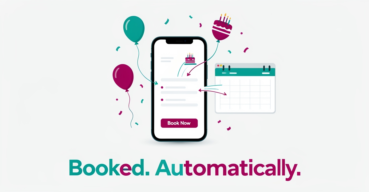 Flat illustration of a smartphone booking flow converting website visitors into birthday party bookings with balloons and calendar icons.